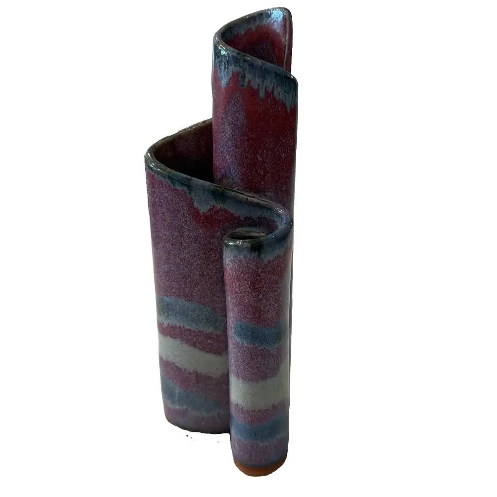 Vintage 1988 Bay Pottery Ribbon Vase 3-Chamber 7” Studio Art Purple Blue Glaze